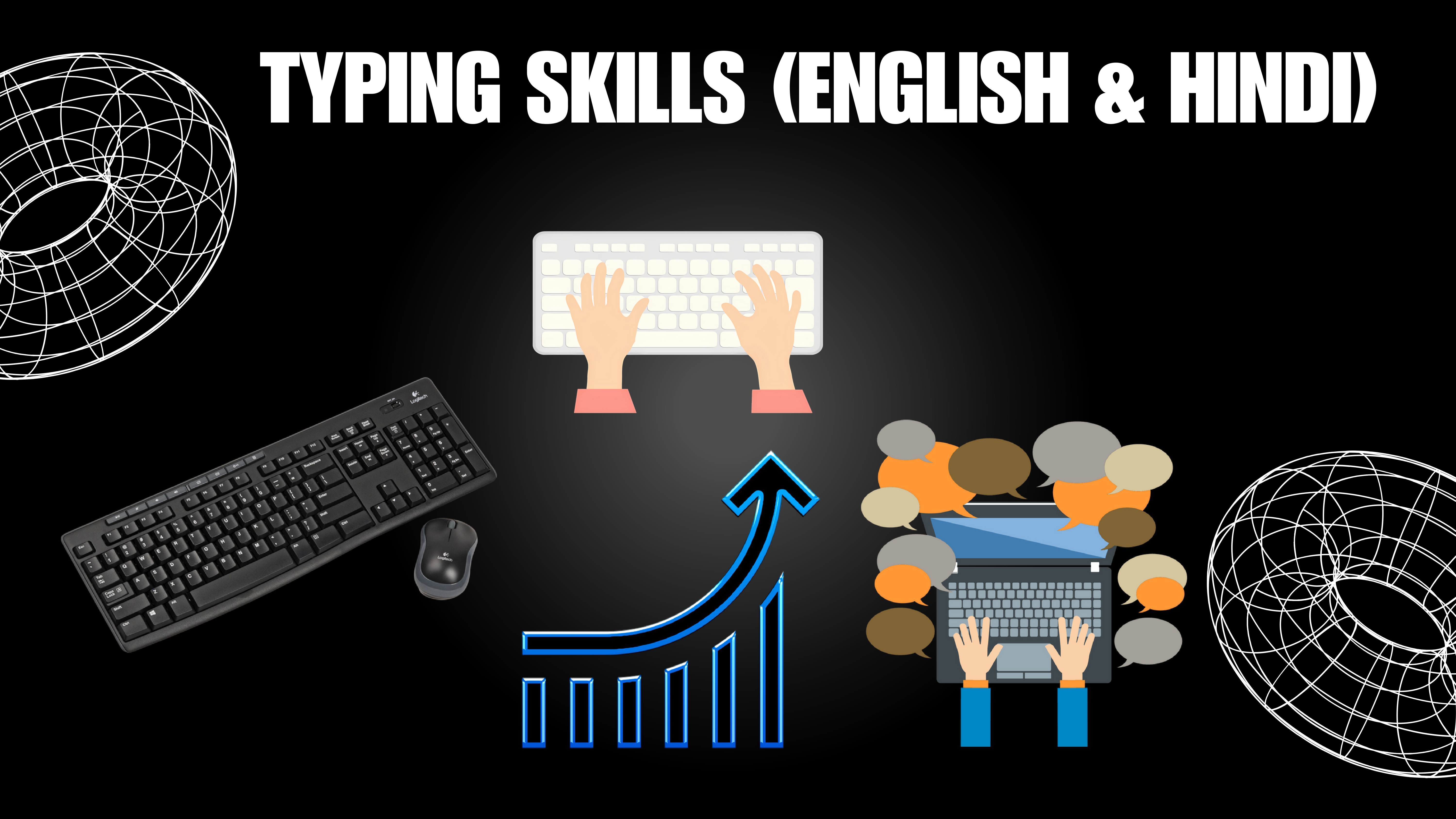 Infographic showing a slideshow screen, presentation slides, and MS PowerPoint logo with neon orange highlights on a dark background